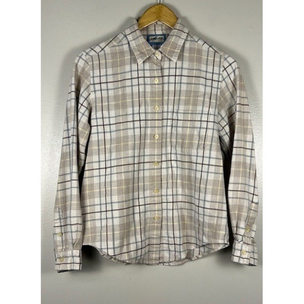 Pendleton Womens Small Plaid Flannel‎ Button Down Shirt Tan Grey 100% Cotton S